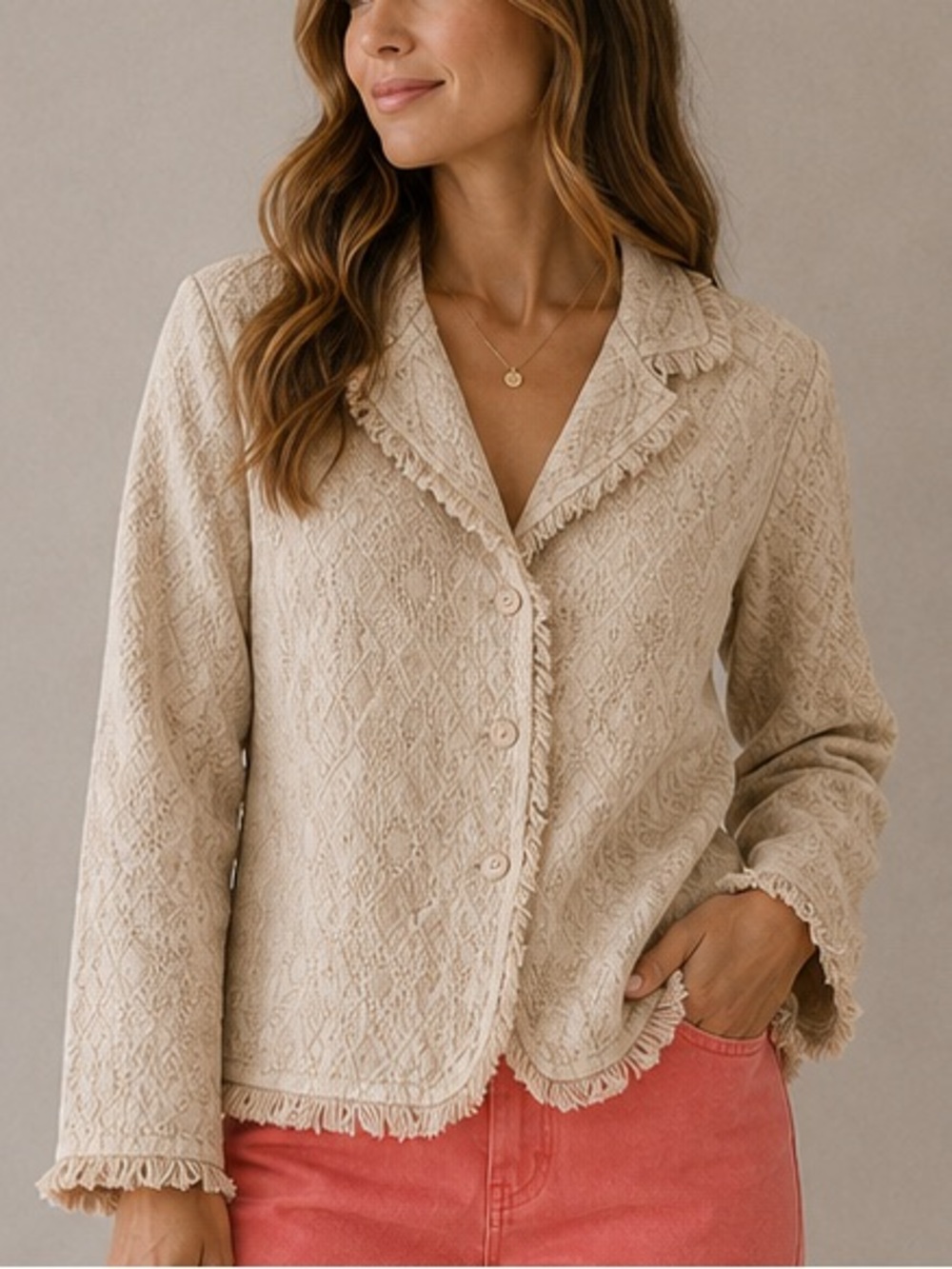 Textured Fringe-Trim Jean Jacket in Beige